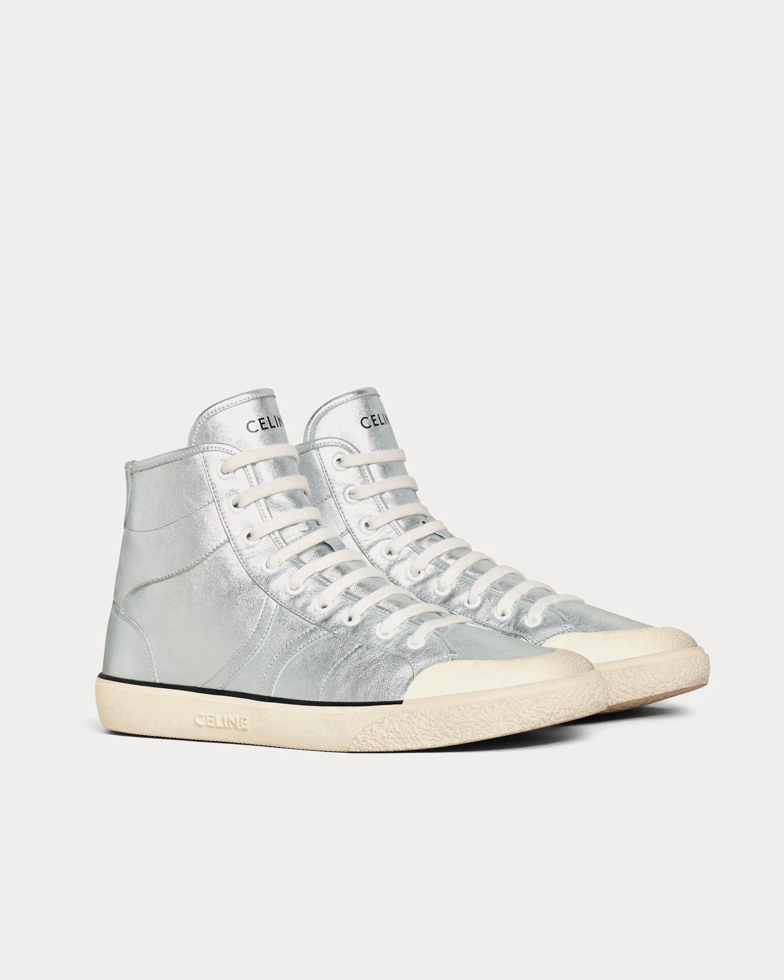 AS-02 Alan Lace-Up Metalized Calfskin Silver Mid Top Sneakers