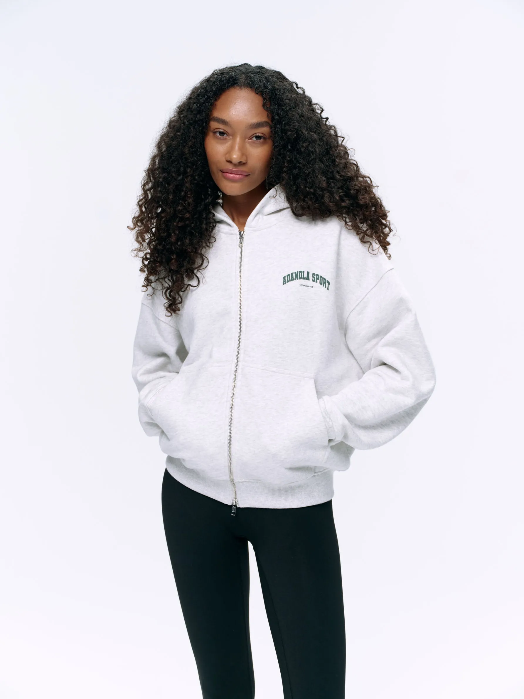 AS Double Zip Relaxed Hoodie - Light Grey Melange/Sea Green