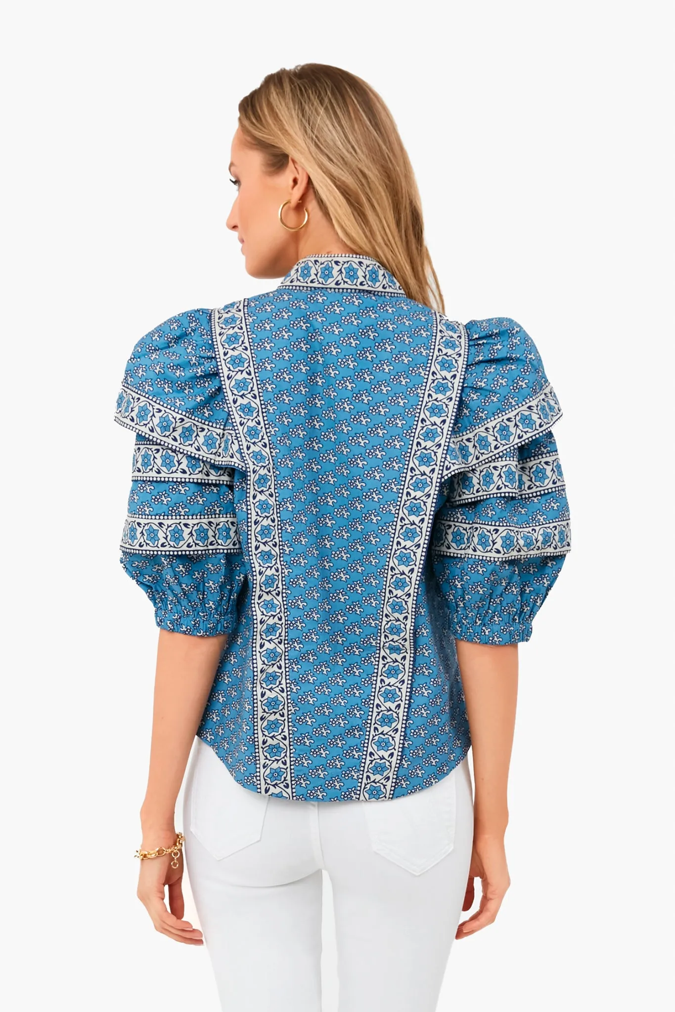 Blue Fernanda Tile Print Puff Sleeve Button Down Top