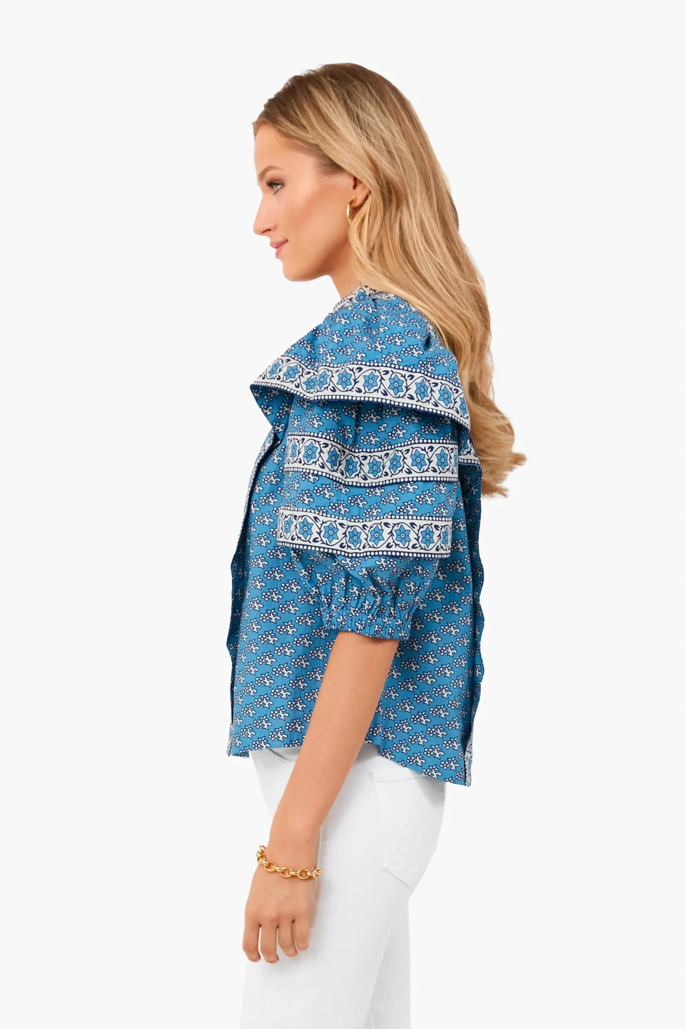 Blue Fernanda Tile Print Puff Sleeve Button Down Top