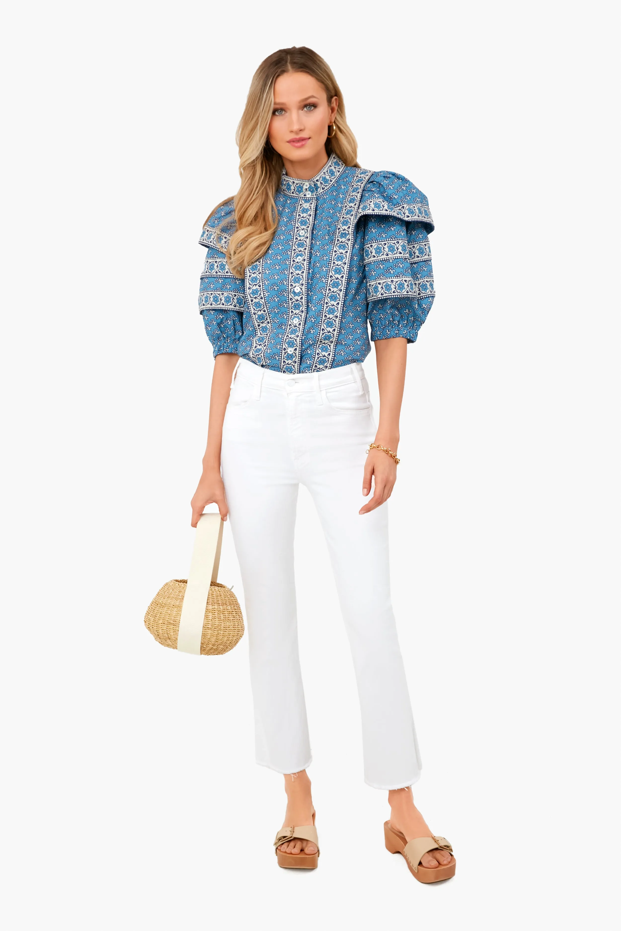 Blue Fernanda Tile Print Puff Sleeve Button Down Top