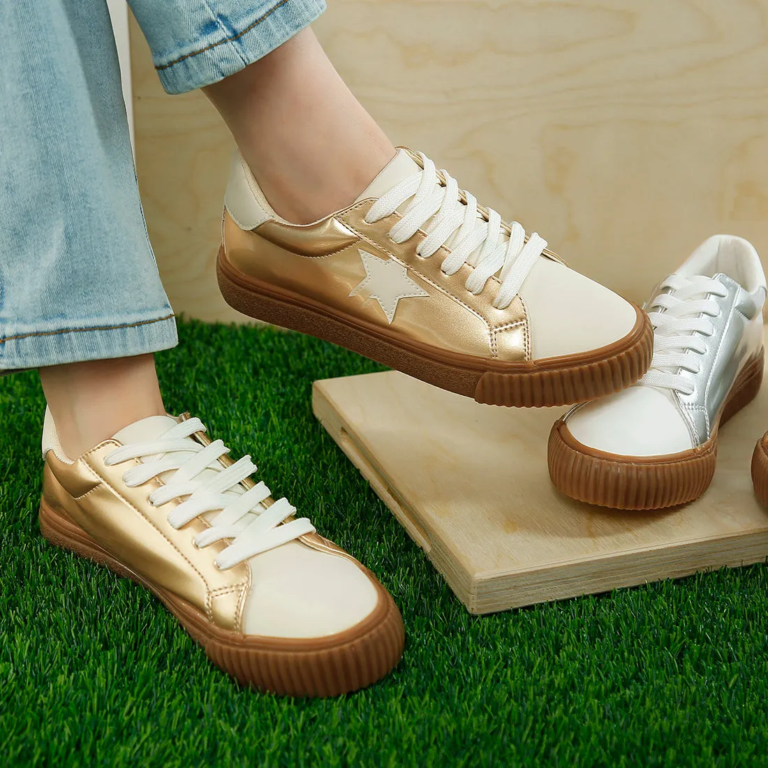 Metallic Faux Leather Star Sneakers