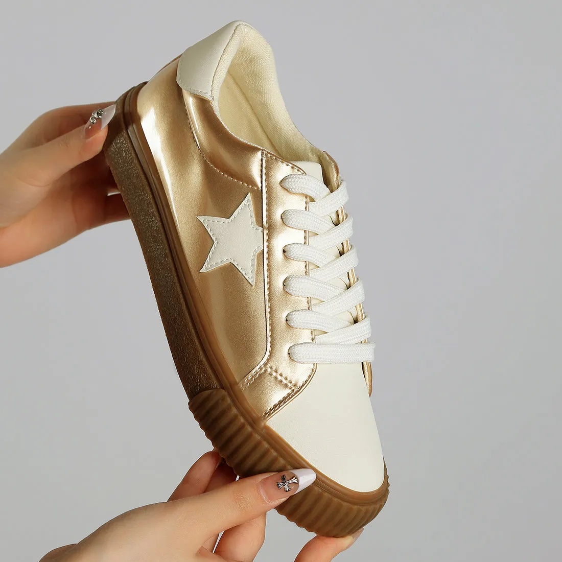Metallic Faux Leather Star Sneakers
