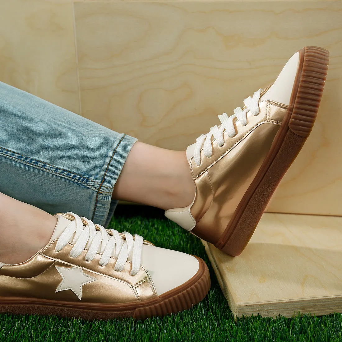 Metallic Faux Leather Star Sneakers