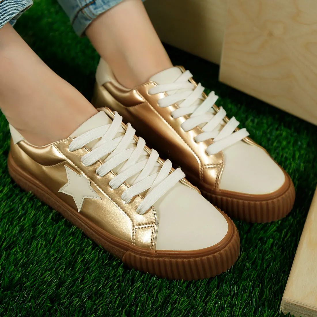 Metallic Faux Leather Star Sneakers