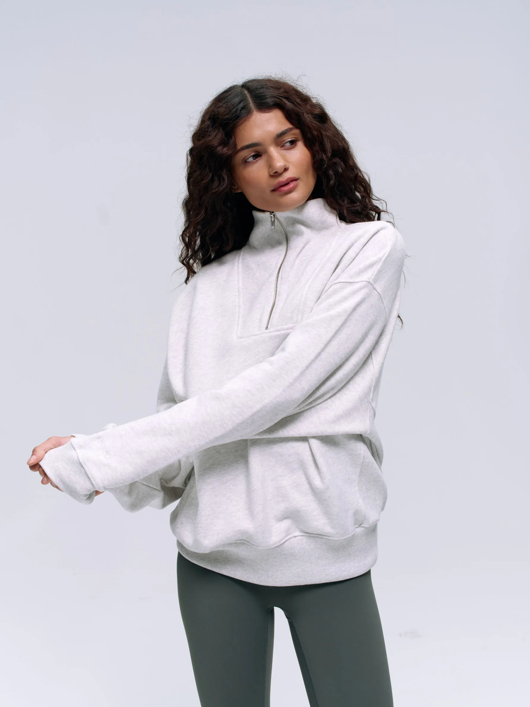 Relaxed Funnel Neck Zip Sweatshirt - Light Grey Melange